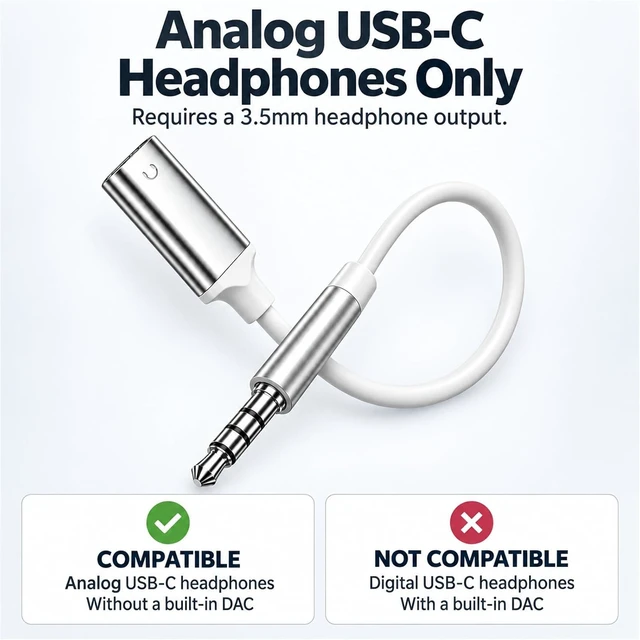 Alt view image 4 of 6 - 3.5mm AUX Male to USB-C Female Audio Adapter for Analog Headphones