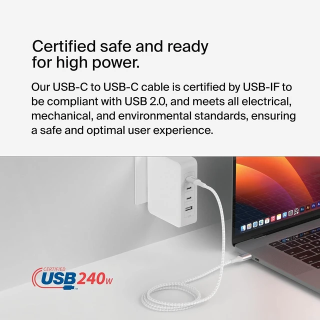 Alt view image 5 of 7 - USB C to USB C 240W Braided Cable 3.3ft Fast iPhone Charger Cord