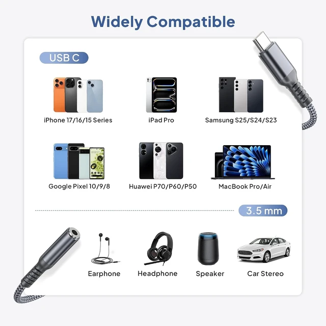 Alt view image 7 of 7 - for iPhone 18 17 Pro Headphone Adapter 0.6FT USB C Aux Audio Jack