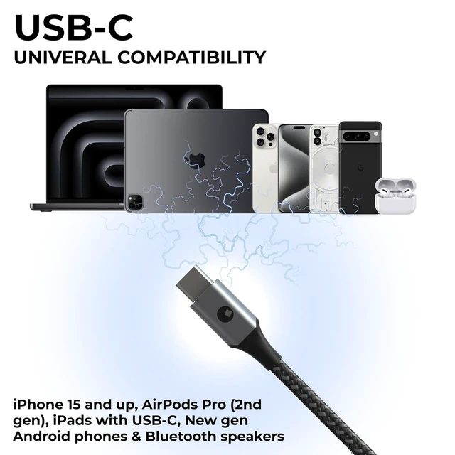 Alt view image 4 of 5 - inCharge Cerbero - 2in1 Essential 100W USB-C Cable Dual Output Charging Cord Nylon Braided 5ft for Laptop Phone Tablet Earbuds Black