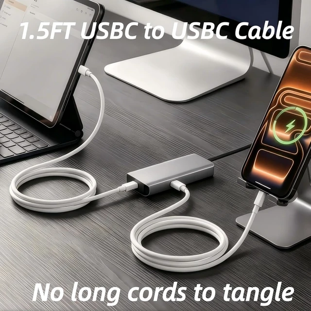 Alt view image 2 of 7 - Short USB C to USB C Cable 1.5 ft 60W Fast Charging USBC Car Charger Cord