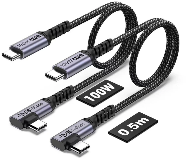 Main image of 100W 1.5ft USB C Cable Right Angle 2 Packs 10Gbps Data Speed