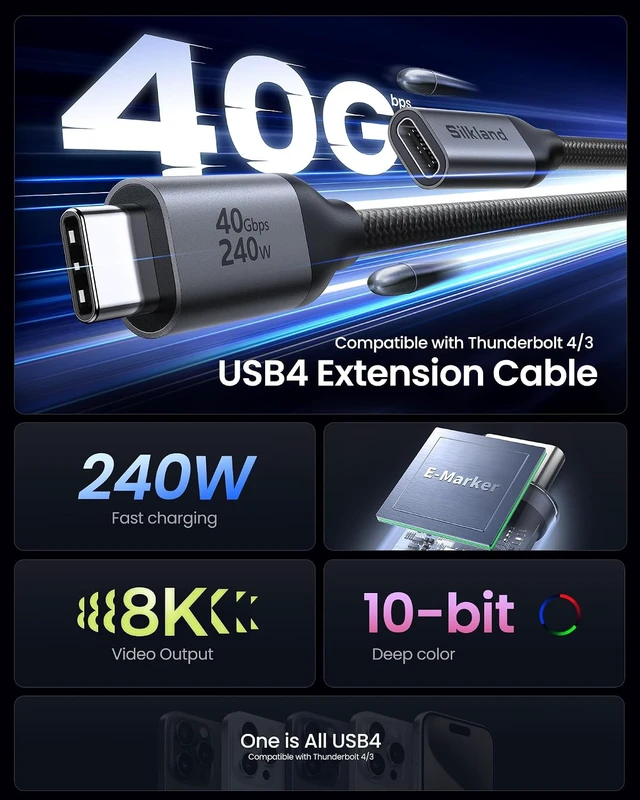 Alt view image 2 of 7 - 40Gbps USB4 USB C Extension Cable 240W for Thunderbolt 4 3.3 FT