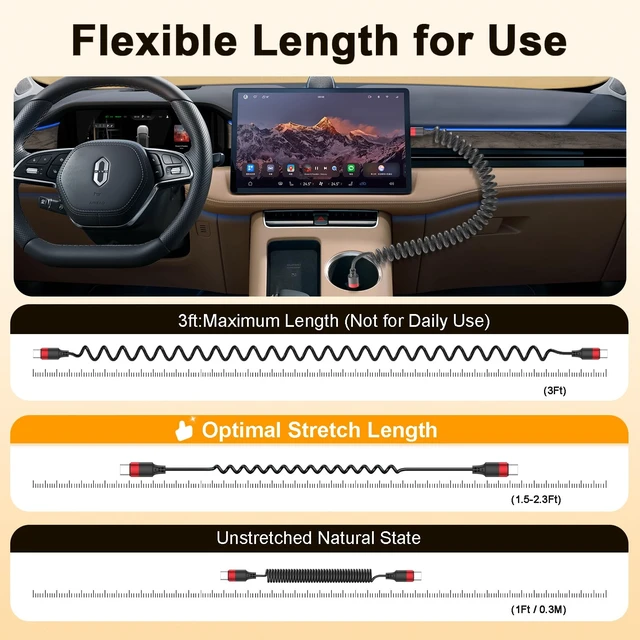 Alt view image 4 of 6 - Coiled USB C to USB C Cable 2 Pack Retractable Type C Carplay Cord Coiled USBC Android Auto Cable for Galaxy S24/S23/S22 iPhone 15/16 Pixel 8 One Plus 12 Moto G8 and CarPlay