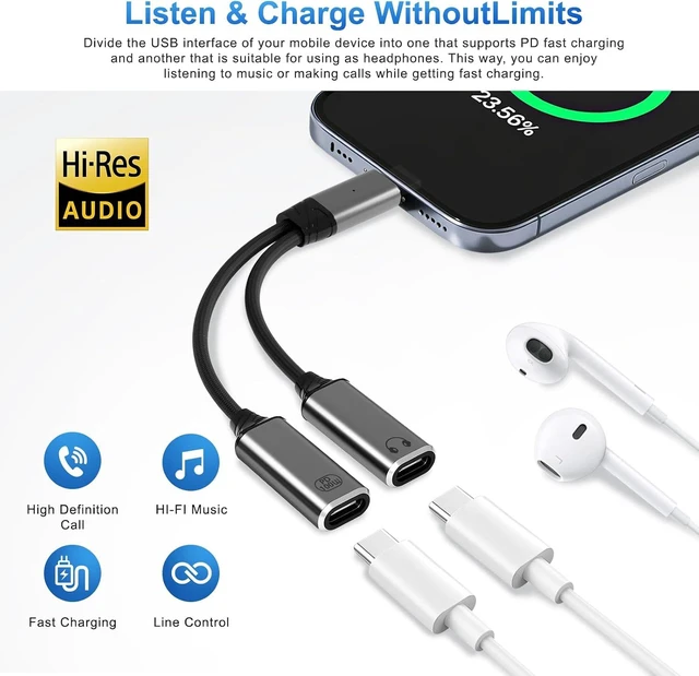 Alt view image 2 of 7 - USB C Splitter 1 in 2 OutType C to Headphone Jack Adapter and Charger Adapter Audio Dongle Cable with PD 100W for iPhone 16 15 Pro Max ProMore USBC