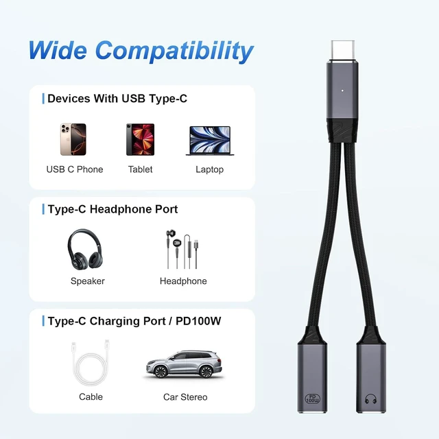 Alt view image 4 of 7 - USB C Splitter 1 in 2 OutType C to Headphone Jack Adapter and Charger Adapter Audio Dongle Cable with PD 100W for iPhone 16 15 Pro Max ProMore USBC