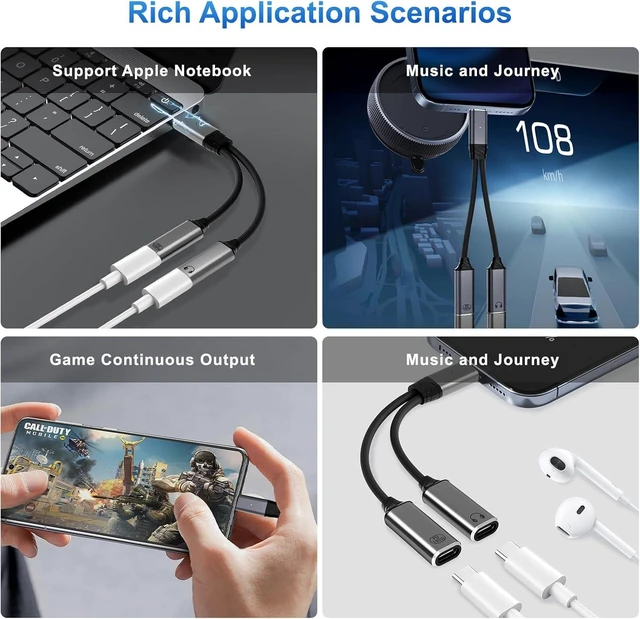 Alt view image 5 of 7 - USB C Splitter 1 in 2 OutType C to Headphone Jack Adapter and Charger Adapter Audio Dongle Cable with PD 100W for iPhone 16 15 Pro Max ProMore USBC