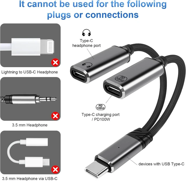 Alt view image 7 of 7 - USB C Splitter 1 in 2 OutType C to Headphone Jack Adapter and Charger Adapter Audio Dongle Cable with PD 100W for iPhone 16 15 Pro Max ProMore USBC