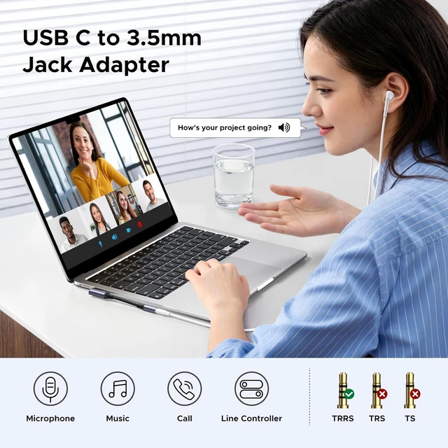 Alt view image 3 of 7 - Right Angle USB C to 3.5mm Audio Adapter Type C Aux Headphone Jack