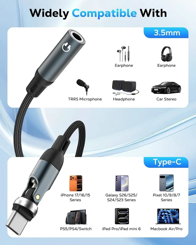 Alt view image 6 of 7 - USB C to 3.5mm Audio Adapter 540° Rotatable Headphone Jack DAC Dongle