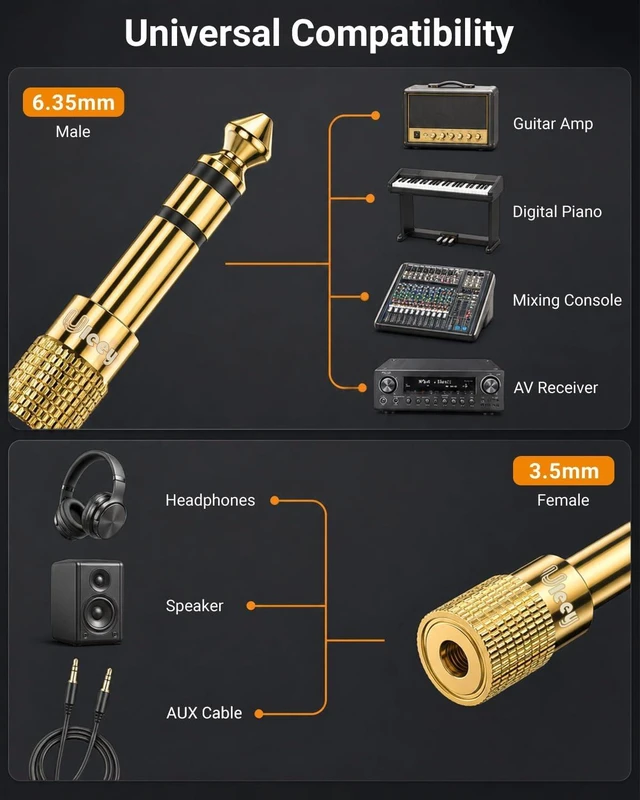 Alt view image 4 of 7 - 6.35mm 1/4 Male to 3.5mm 1/8 Female Headphone Stereo Adapter 2-Pack