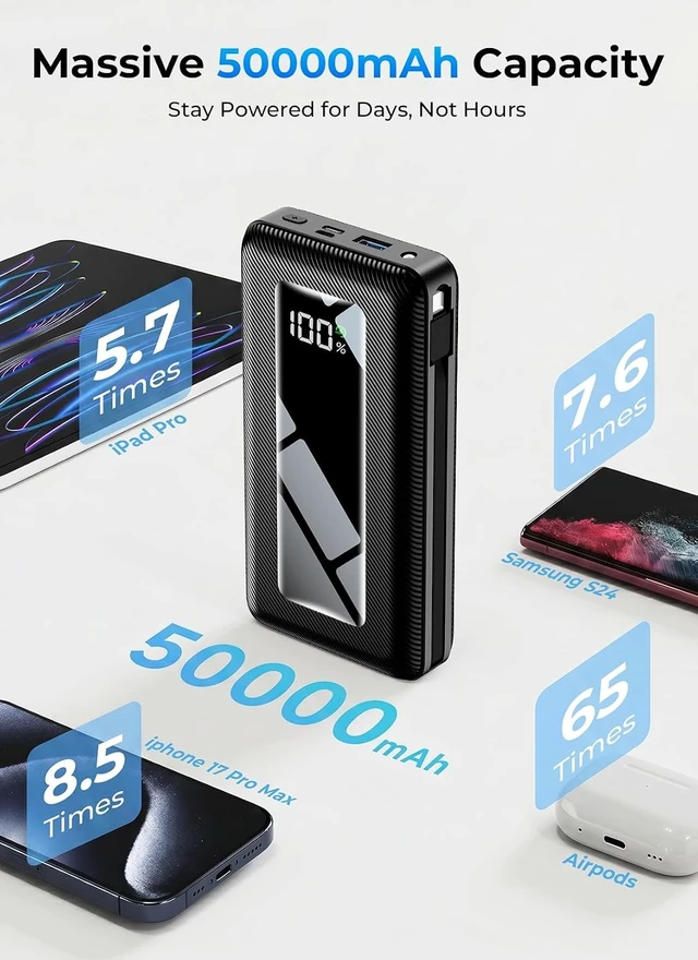 Alt view image 3 of 7 - 50000mAh Portable Charger Power Bank Fast Charging with Built in Cables