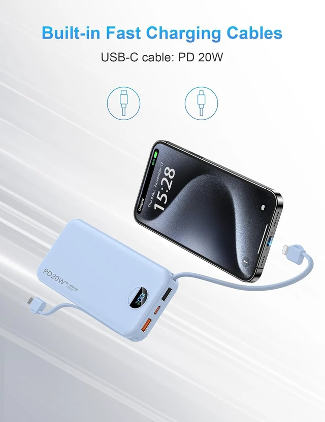 Alt view image 5 of 7 - Portable Charger Power Bank 10000mAh PD20W w/Built-in Cables