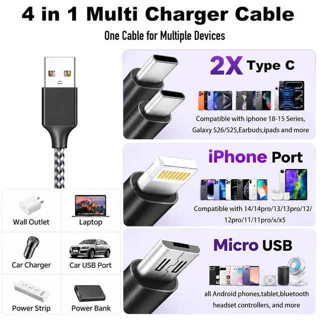 Alt view image 3 of 7 - 4 in 1 Multi Charging Cable 4ft 2 Pack Braided MFi Certified Charger Cable