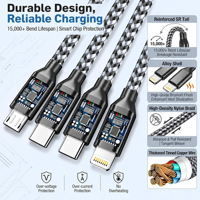 Alt view image 4 of 7 - 4 in 1 Multi Charging Cable 4ft 2 Pack Braided MFi Certified Charger Cable