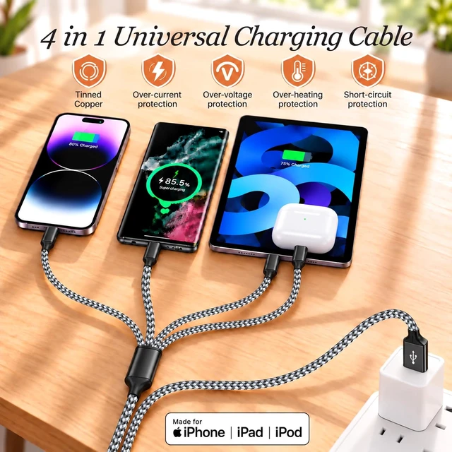 Alt view image 5 of 7 - 4 in 1 Multi Charging Cable 4ft 2 Pack Braided MFi Certified Charger Cable