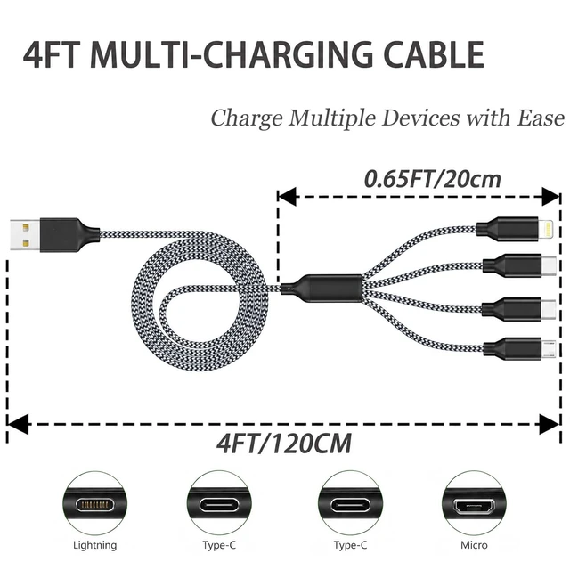 Alt view image 2 of 7 - 4 in 1 Multi Charging Cable 4ft 2 Pack Braided MFi Certified Charger Cable