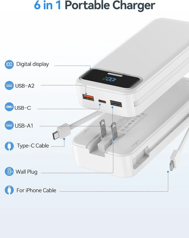 Alt view image 2 of 7 - Portable Charger 20000mAh with Built-in Cables&AC Wall Plug White