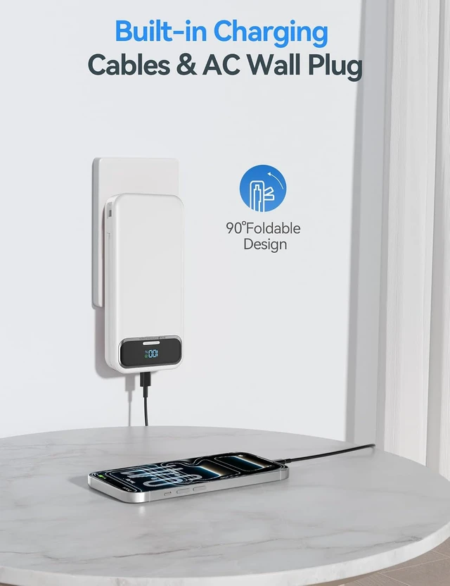 Alt view image 4 of 7 - Portable Charger 20000mAh with Built-in Cables&AC Wall Plug White