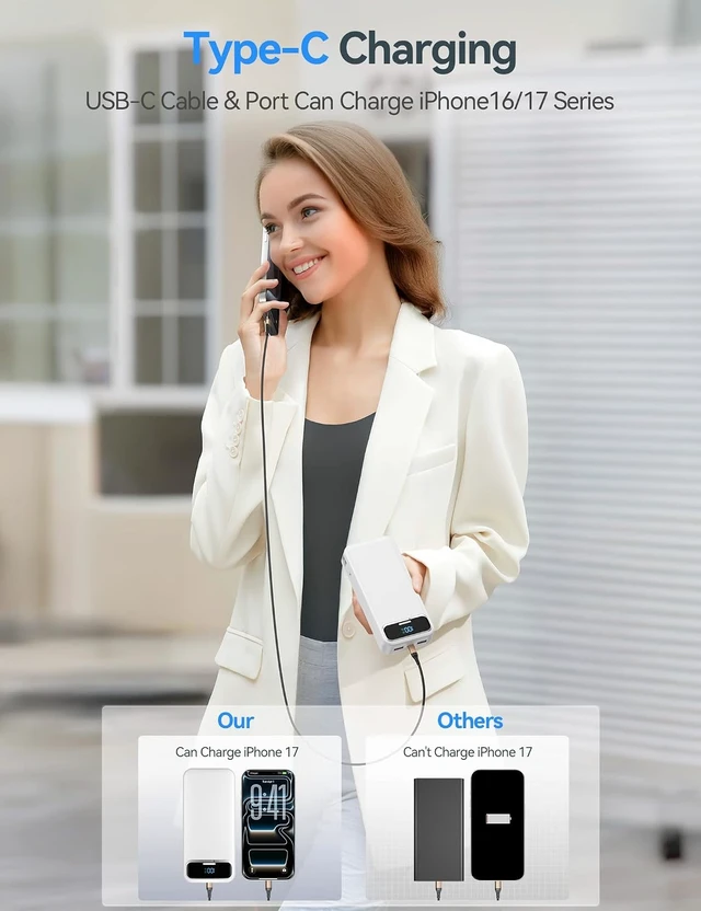 Alt view image 5 of 7 - Portable Charger 20000mAh with Built-in Cables&AC Wall Plug White