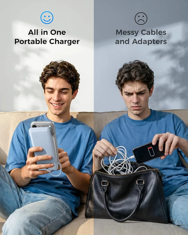 Alt view image 6 of 7 - Portable Charger for iPhone Power Bank Built in Cables and Wall Plug