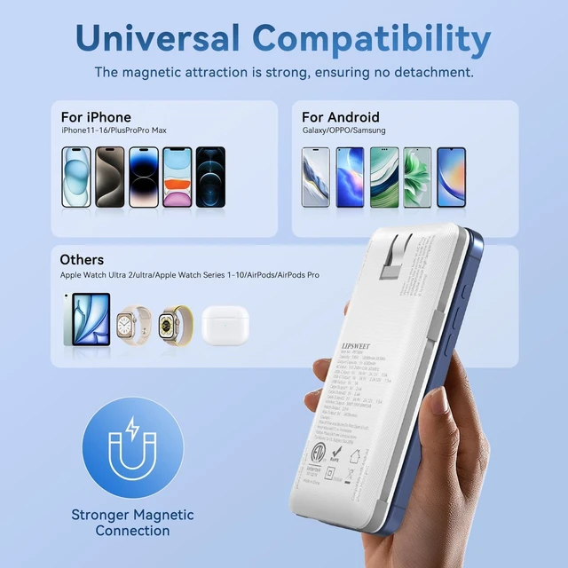 Alt view image 7 of 7 - Wireless Power Bank for Phones & Watch 10000mAh Fast Charging Slim Portable Charger Built-in Cables and AC Wall Plug External Travel Battery Pack Compatible with iPhone/