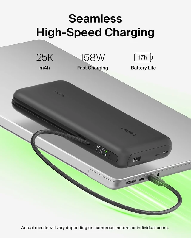 Alt view image 2 of 7 - Portable Charger 25K Power Bank with Integrated USB C Cable 158W - Fast Charging Laptop Portable Battery Pack for MacBook Pro 14 iPhone 17 Series iPad Pro Galaxy S26 & More - Black