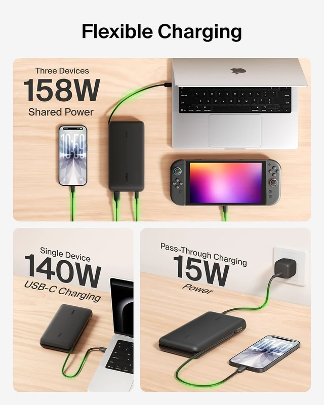 Alt view image 4 of 7 - Portable Charger 25K Power Bank with Integrated USB C Cable 158W - Fast Charging Laptop Portable Battery Pack for MacBook Pro 14 iPhone 17 Series iPad Pro Galaxy S26 & More - Black