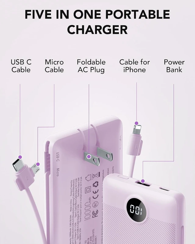 Alt view image 3 of 7 - Portable Charger Power Bank Built-in Cables and AC Wall Plug