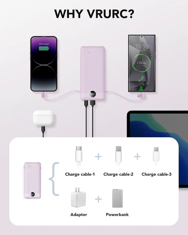 Alt view image 4 of 7 - Portable Charger Power Bank Built-in Cables and AC Wall Plug