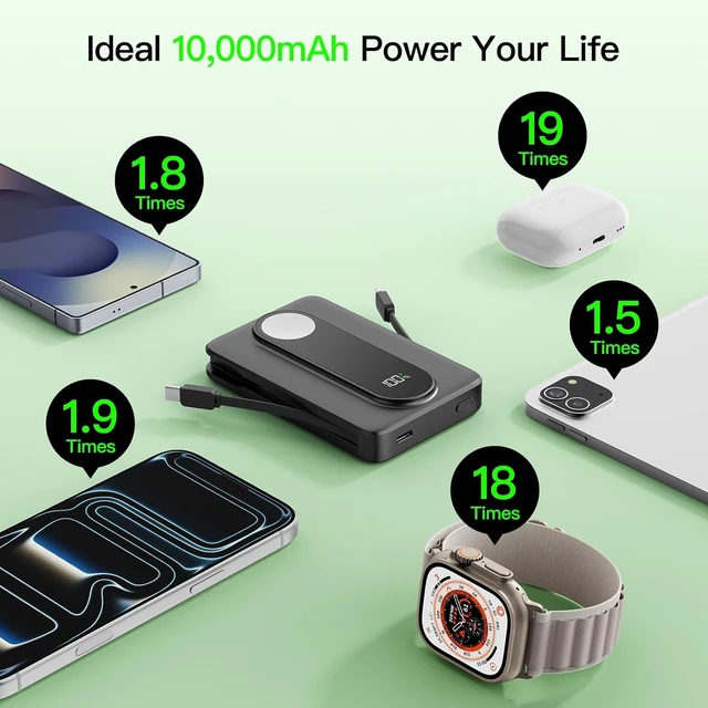 Alt view image 2 of 7 - Magnetic Portable Charger 10000mAh Power Bank with Built in Cable Watch
