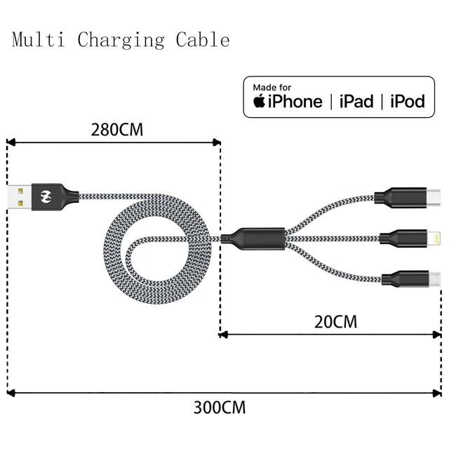 Alt view image 3 of 7 - Multi Charging Cable 2ft 2Pack 3 in 1 Charger Cord Short Multiple Cable