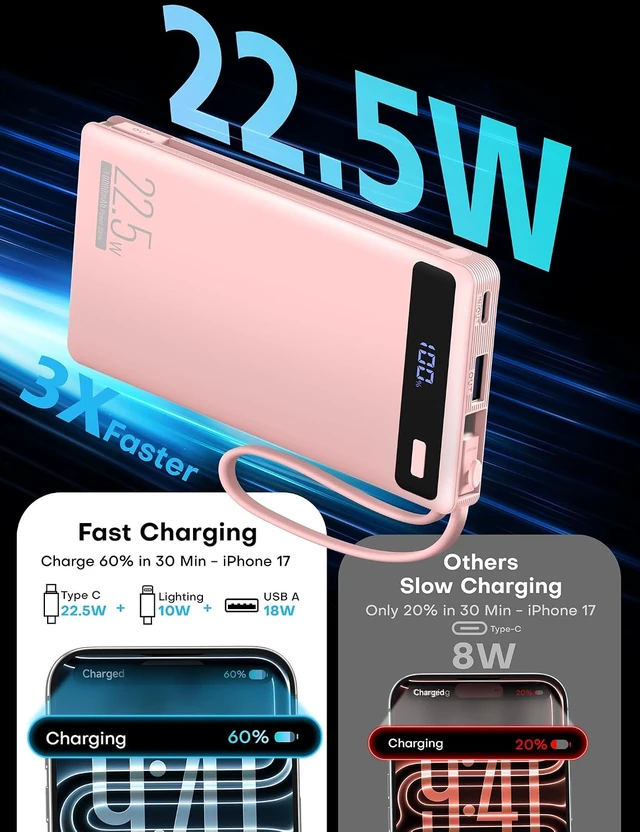 Alt view image 2 of 7 - 2Pack-10000mAh 22.5W Portable Charger Power Bank Built-in Cables PK&PUR