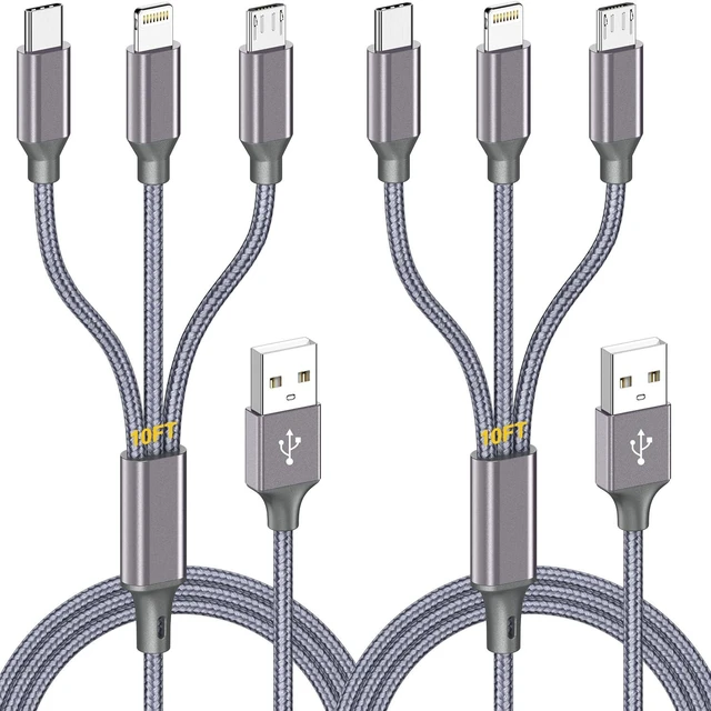 Main image of Long Multi Charging Cable 10ft 2Pack 3 in 1 USB Multiple MFi Charger cord