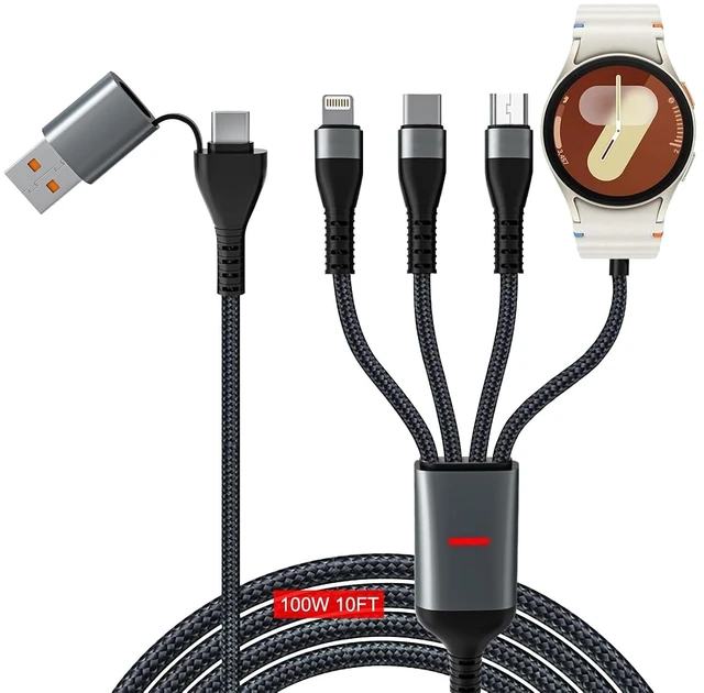 Main image of 100W Multi Charge Cable for Galaxy Watch/USB C/Lightning/Micro 10FT