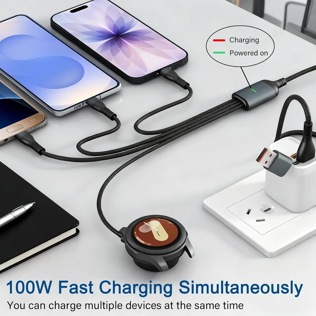 Alt view image 2 of 6 - 100W Multi Charge Cable for Galaxy Watch/USB C/Lightning/Micro 10FT