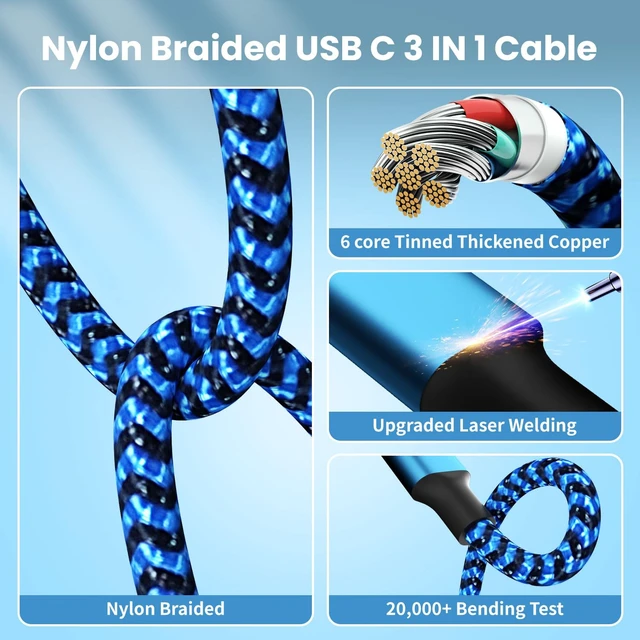 Alt view image 6 of 7 - 100W USB C Multi Charging Cable 3 in 1 Fast USB C Cable with E-Mark Chip