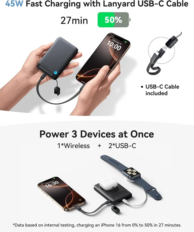 Alt view image 4 of 7 - for Magsafe Power Bank Ultra Slim 10000mAh 15W Magnetic Portable Charger 45W Fast Charging with Built-in USB-C Cable Battery Pack with Stand for iPhone Air 17 16 15 14 13 12 Only