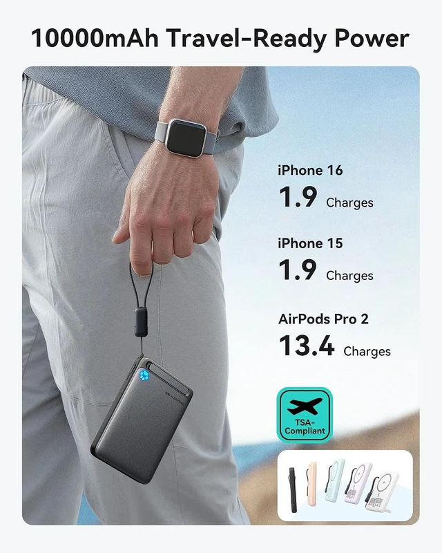 Alt view image 5 of 7 - for Magsafe Power Bank Ultra Slim 10000mAh 15W Magnetic Portable Charger 45W Fast Charging with Built-in USB-C Cable Battery Pack with Stand for iPhone Air 17 16 15 14 13 12 Only
