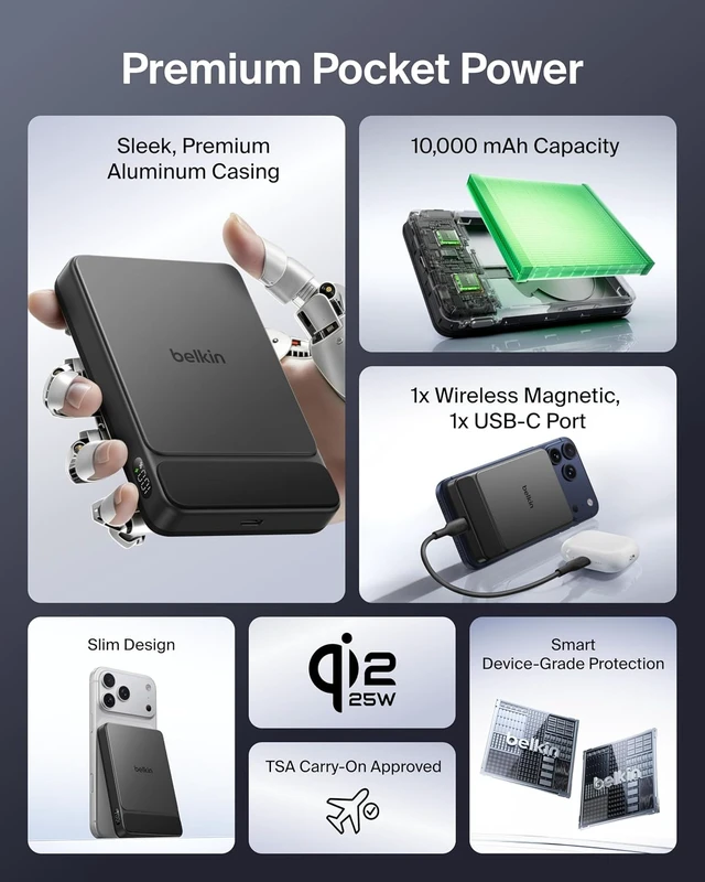 Alt view image 2 of 7 - 10000mAh Qi2 25W Slim Portable Charger Power Bank with USB C Cable