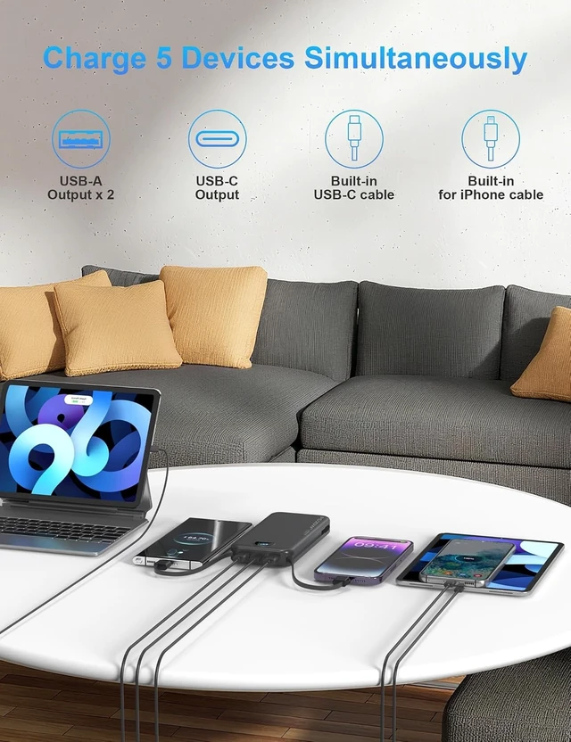Alt view image 7 of 7 - Portable Charger Power Bank 10000mAh PD20W w/Built-in Cables