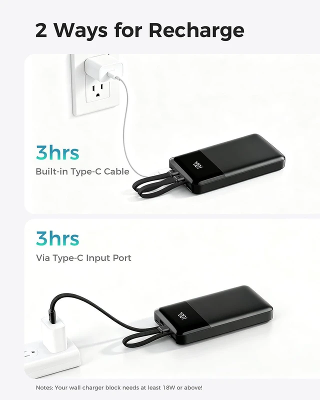 Alt view image 5 of 7 - Portable Charger 10000mAh Power Bank Built-in Lightning & USB-C Cables