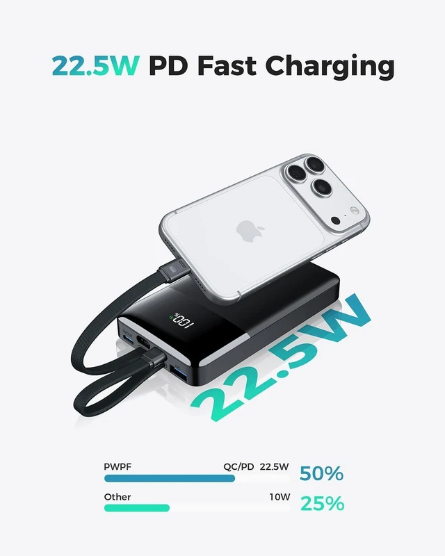 Alt view image 3 of 7 - Portable Charger 10000mAh Power Bank Built-in Lightning & USB-C Cables