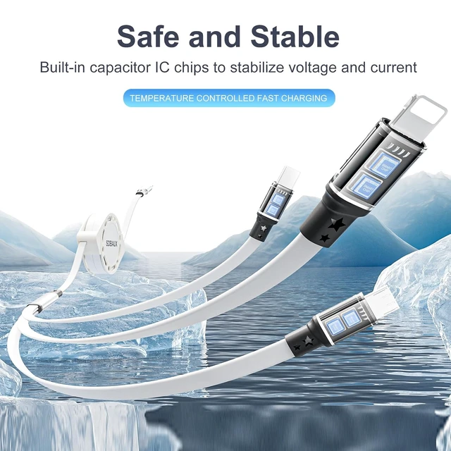 Alt view image 3 of 7 - Multi Charging Cable USB C to 3 in 1 Retractable Lightning/Type-C/Micro Port Fast Charger Cord for iPhone 17 16 15 14 13 12 Pro Max Galaxy S23/S22/S20 Cell Phones Tablets Universal Use (2Pack-3.3ft)