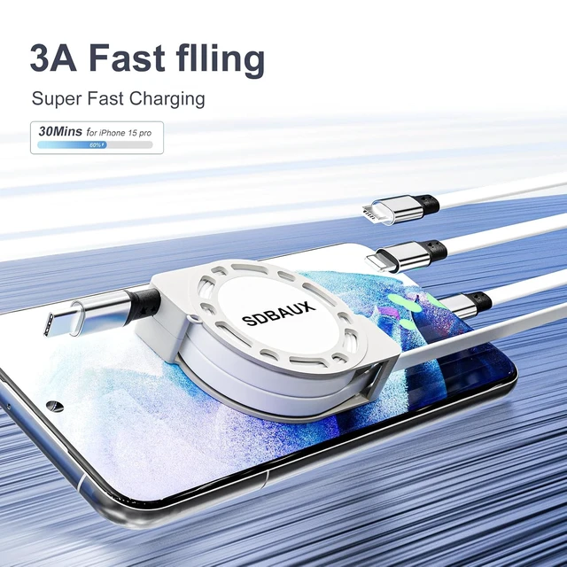 Alt view image 7 of 7 - Multi Charging Cable USB C to 3 in 1 Retractable Lightning/Type-C/Micro Port Fast Charger Cord for iPhone 17 16 15 14 13 12 Pro Max Galaxy S23/S22/S20 Cell Phones Tablets Universal Use (2Pack-3.3ft)