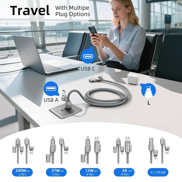 Alt view image 2 of 7 - 5 in 1 Multi Charging Cable 240W Fast Charge for iPhone 18 Pro 17 6.6 FT