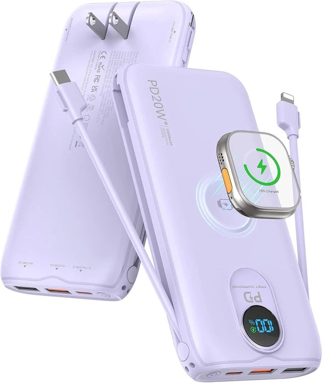 Main image of Portable Charger Power Bank 10000mAh PD20W w/Built-in Cables & AC Plug