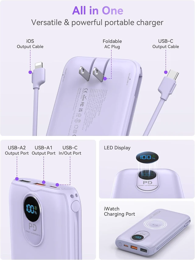 Alt view image 4 of 7 - Portable Charger Power Bank 10000mAh PD20W w/Built-in Cables & AC Plug