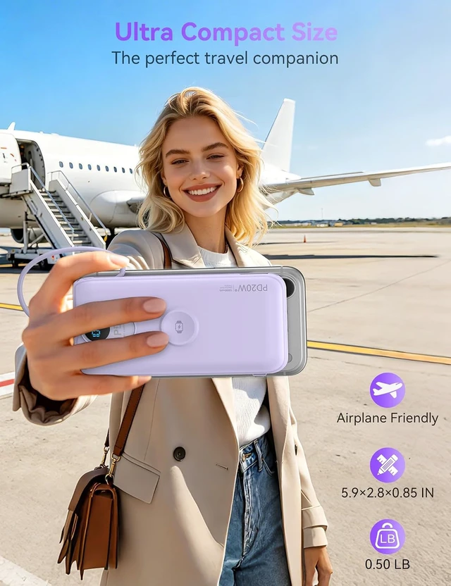 Alt view image 5 of 7 - Portable Charger Power Bank 10000mAh PD20W w/Built-in Cables & AC Plug