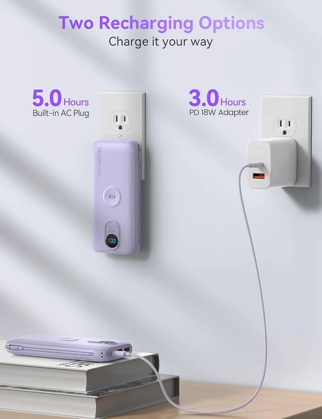 Alt view image 6 of 7 - Portable Charger Power Bank 10000mAh PD20W w/Built-in Cables & AC Plug